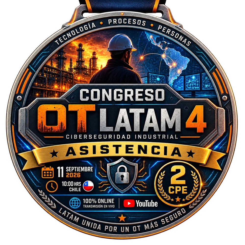 Medalla de Asistencia del Congreso OT LATAM 4: banda dorada con la palabra ASISTENCIA, escudo OT, fecha 11 de septiembre de 2026 a las 10:00 hrs de Chile y sello de 2 créditos CPE.