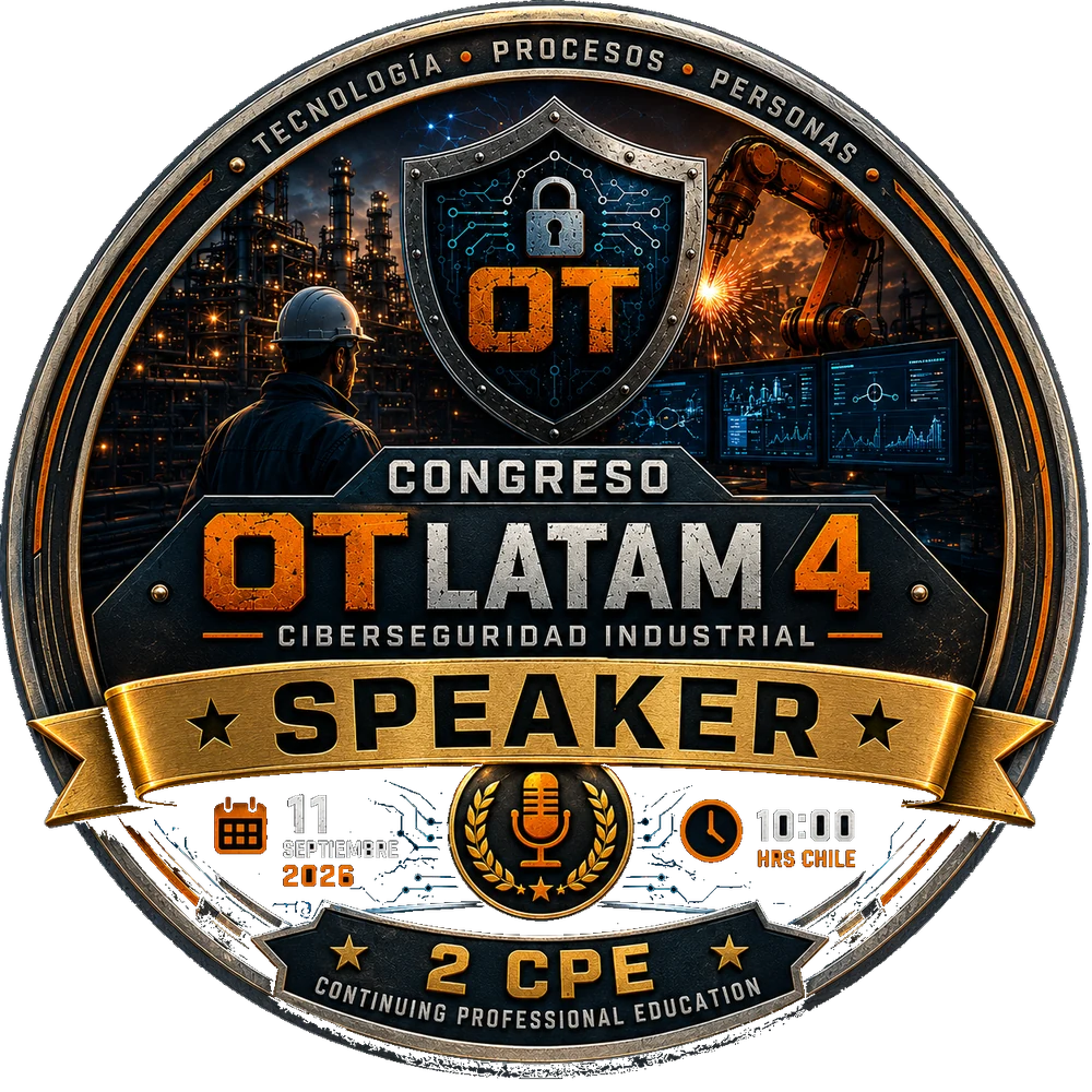 Medalla de Speaker del Congreso OT LATAM 4: banda dorada con la palabra SPEAKER, escudo OT, fecha 11 de septiembre de 2026 a las 10:00 hrs de Chile y sello de 2 créditos CPE.
